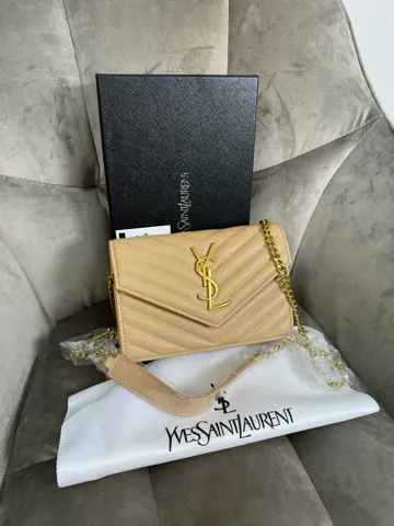 Saint Laurent Cassandre Chain Wallet Beige / Gold Leather