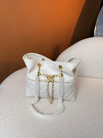 Chanel Drawstring Tote Bag White with Gold Hardware