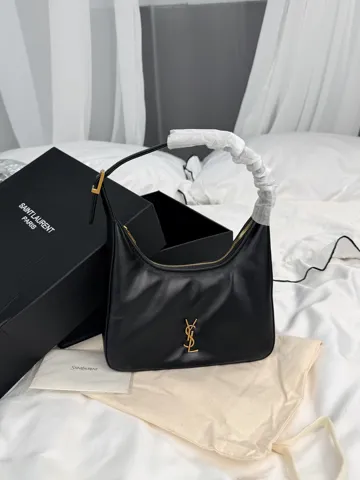 Saint Laurent Black Leather Hobo Bag with Gold Hardware