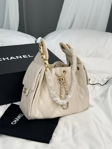 Chanel 25 Small Handbag in Cream Caviar Leather with Gold Hardware