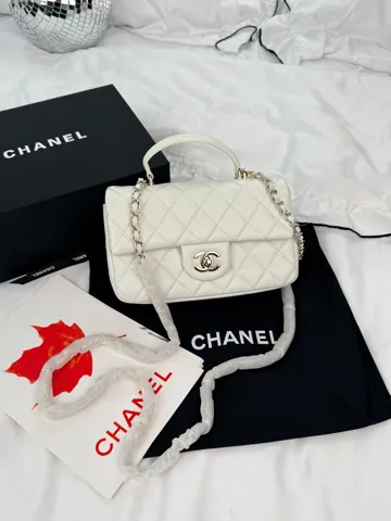 Chanel Classic Flap Top Handle White with Champagne Silver