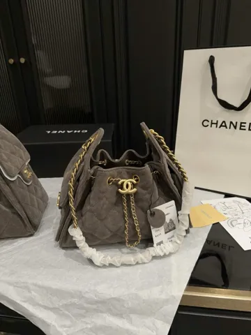 Chanel 25 Small Handbag Taupe Suede with Gold Hardware