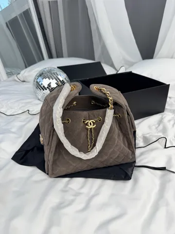 Chanel 25 Small Handbag Taupe Suede with Gold Hardware