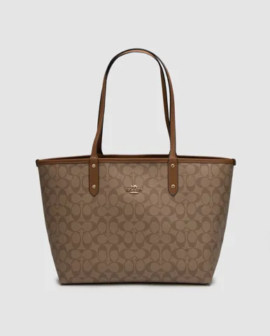 Coach Reversible Signature City Tote Khaki Saddle